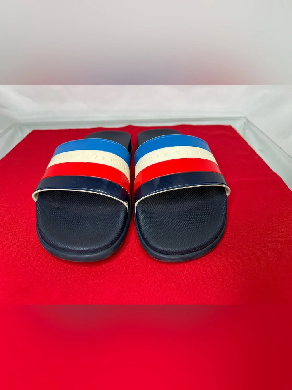 Louis Vuitton Slide Sandals Americas Cup 2017 Red Cream Blue Stripes